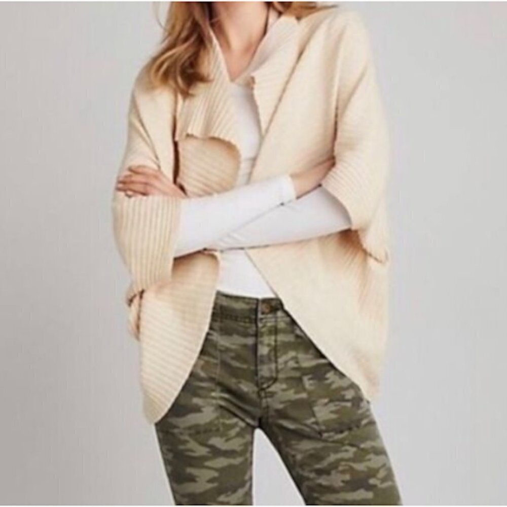 ANTHROPOLOGIE Pure + Good Ribbed Soft Cocoon Wrap Sweater Ivory Cream One Size